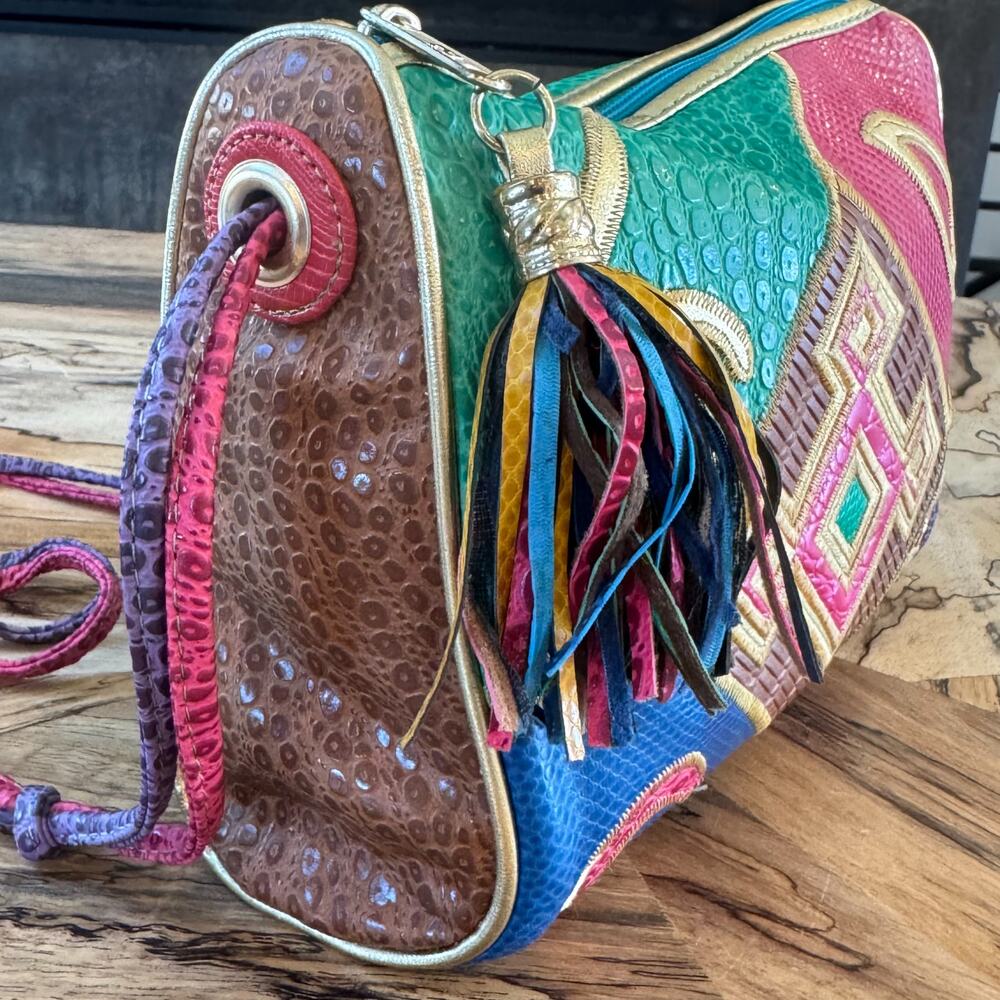 VTG 80s NAS Bag Alention Ld Patchwork Crossbody Exotic Reptile Tassel Maximalist - Picture 7 of 16